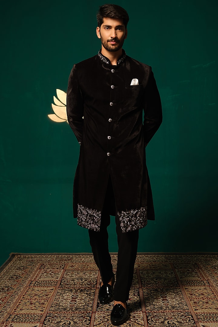 Black Silk Zardosi Handwork Wedding Sherwani Set by Niloufer by Aasif Ally Men at Pernia's Pop Up Shop