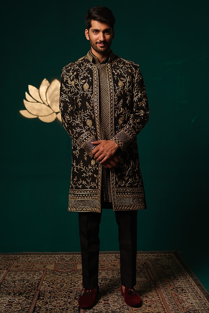 Black Silk Zardosi Handwork Groom Sherwani Set by Niloufer by Aasif Ally Men at Pernia's Pop Up Shop