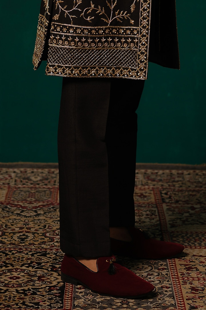 Black Silk Zardosi Handwork Groom Sherwani Set by Niloufer by Aasif Ally Men at Pernia's Pop Up Shop