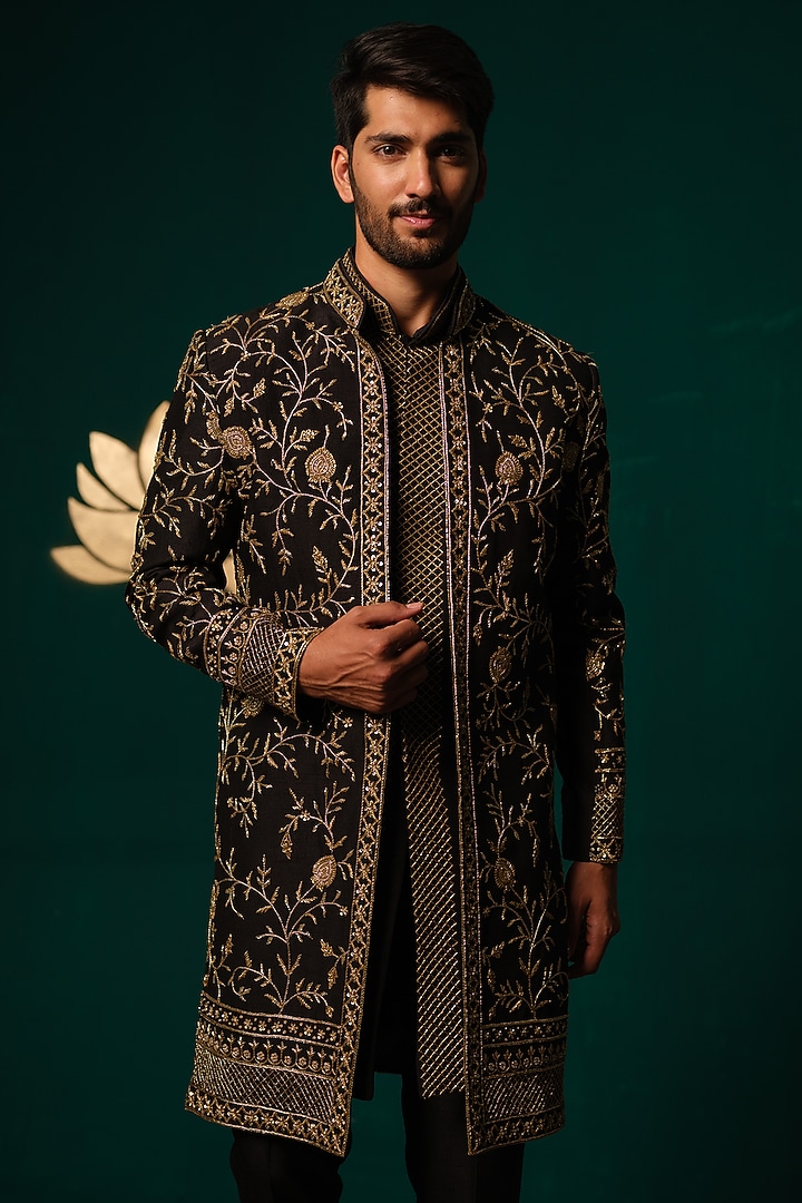 Black Silk Zardosi Handwork Groom Sherwani Set by Niloufer by Aasif Ally Men at Pernia's Pop Up Shop