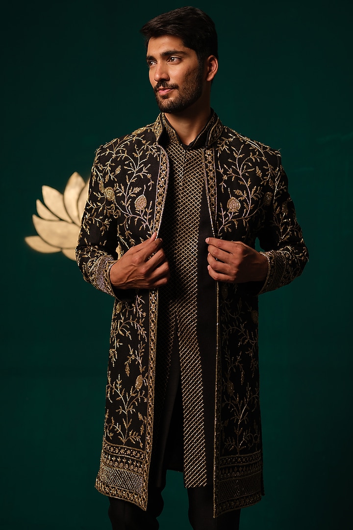 Black Silk Zardosi Handwork Groom Sherwani Set by Niloufer by Aasif Ally Men at Pernia's Pop Up Shop