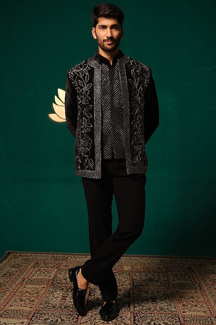 Black Silk Cutdana Handwork Blazer Set by Niloufer by Aasif Ally Men at Pernia's Pop Up Shop