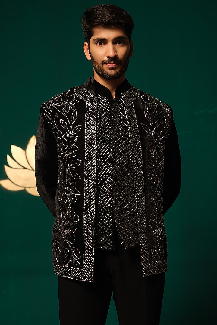 Black Silk Cutdana Handwork Blazer Set by Niloufer by Aasif Ally Men at Pernia's Pop Up Shop