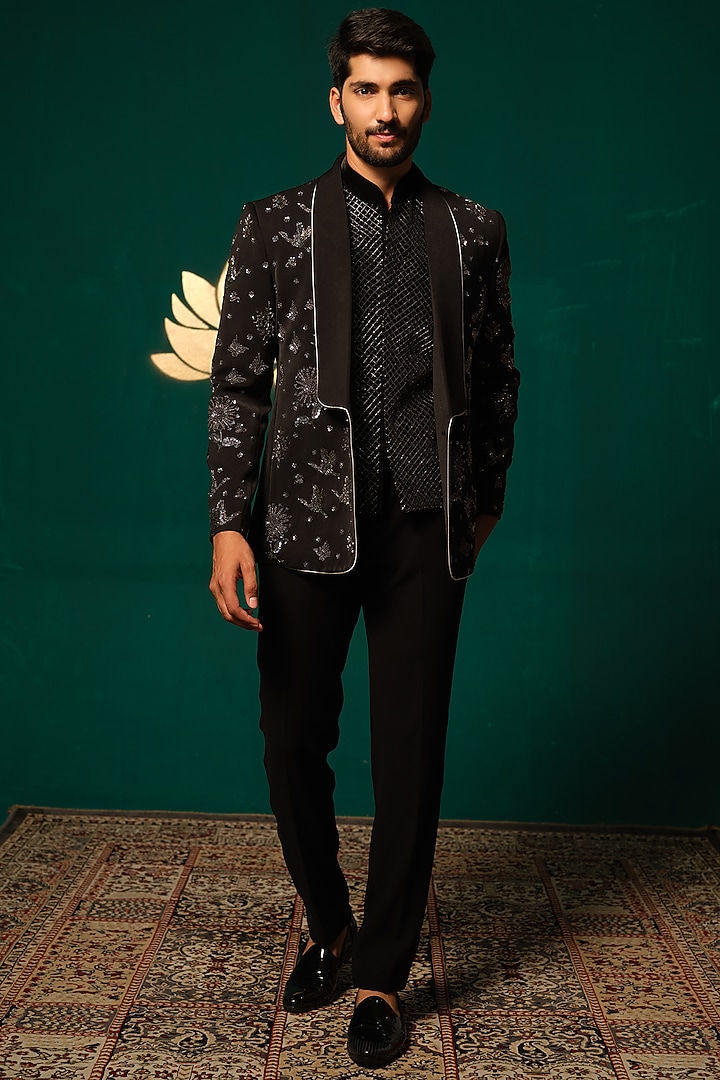 Black Silk Cutdana Handwork Blazer Set by Niloufer by Aasif Ally Men at Pernia's Pop Up Shop
