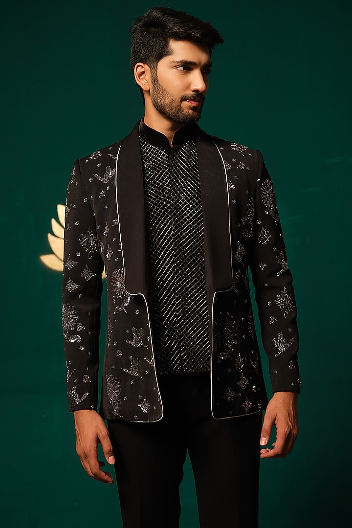 Black Silk Cutdana Handwork Blazer Set by Niloufer by Aasif Ally Men at Pernia's Pop Up Shop