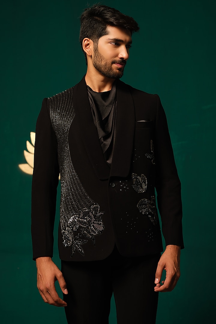 Black Silk Cutdana Embellished Blazer Set by Niloufer by Aasif Ally Men at Pernia's Pop Up Shop