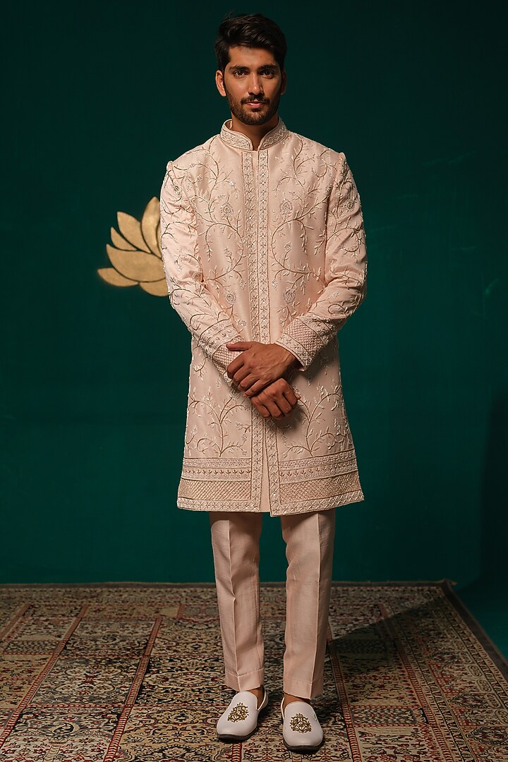 Pink Silk Zardosi Handwork Groom Sherwani Set by Niloufer by Aasif Ally Men at Pernia's Pop Up Shop