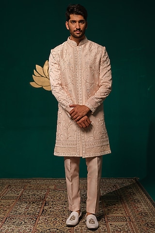 Pink Silk Zardosi Handwork Sherwani Set by Niloufer by Aasif Ally Men