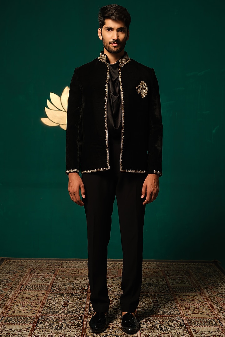Black Velvet Zardosi Handwork Blazer Set by Niloufer by Aasif Ally Men at Pernia's Pop Up Shop