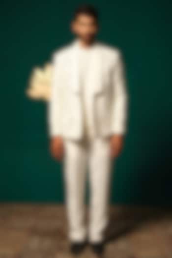 White Silk Cutdana Handwork Blazer Set by Niloufer by Aasif Ally Men at Pernia's Pop Up Shop