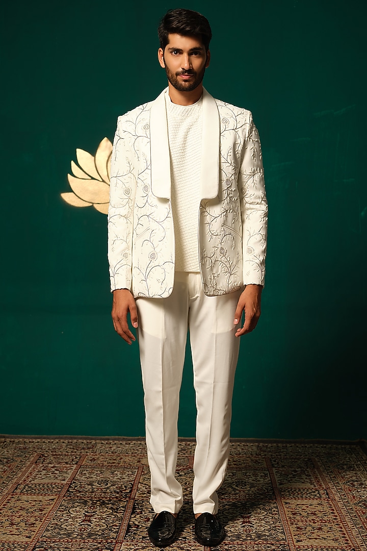 White Silk Cutdana Handwork Blazer Set by Niloufer by Aasif Ally Men at Pernia's Pop Up Shop