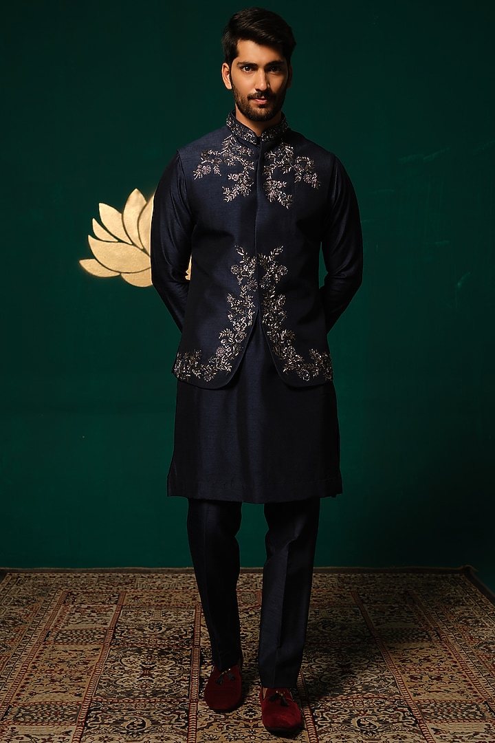 Black Silk Zardosi Handwork Jacket Set by Niloufer by Aasif Ally Men at Pernia's Pop Up Shop