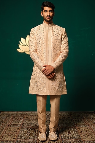 Peach Silk Zardosi Handwork Sherwani Set by Niloufer by Aasif Ally Men