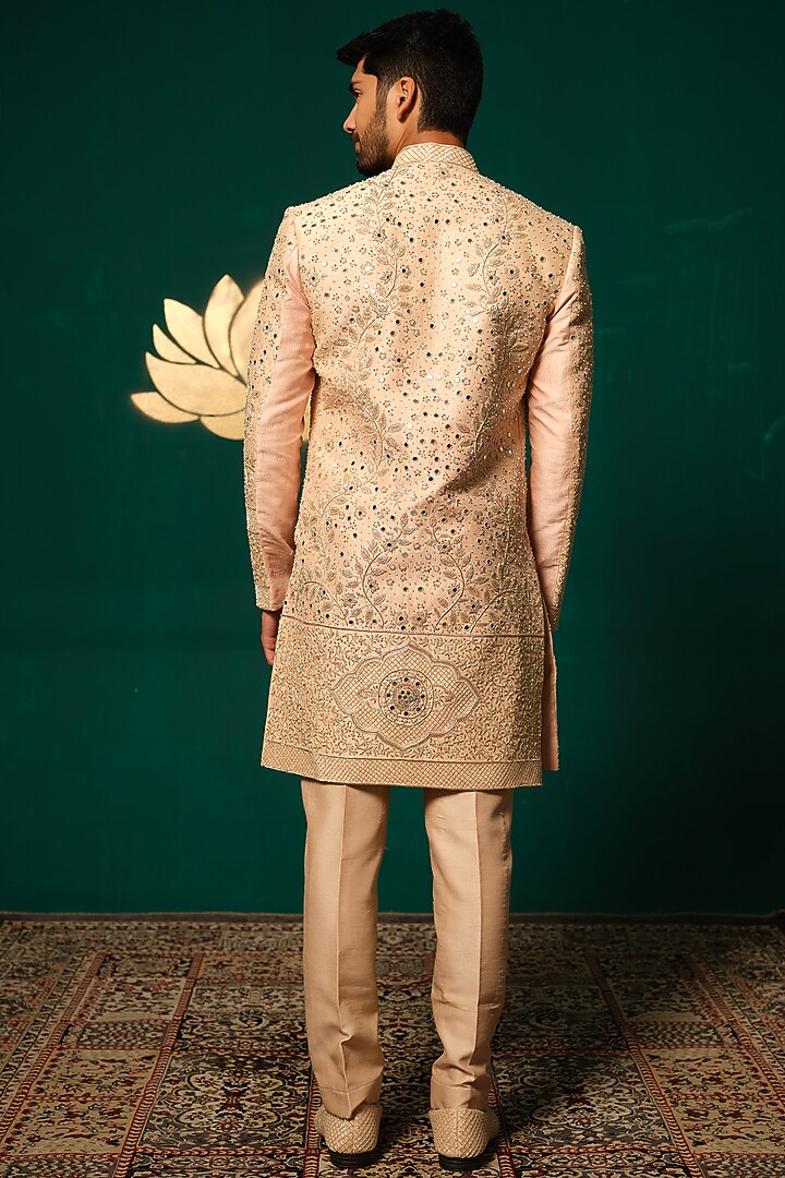 Peach Silk Zardosi Handwork Groom Sherwani Set by Niloufer by Aasif Ally Men at Pernia's Pop Up Shop