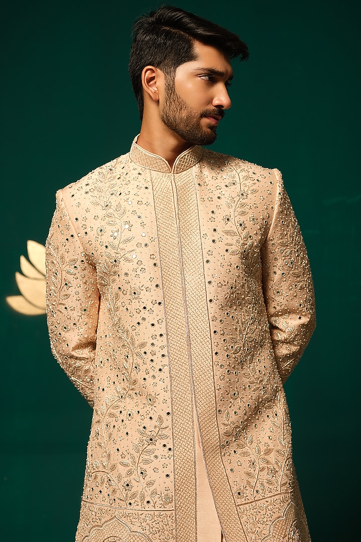 Peach Silk Zardosi Handwork Groom Sherwani Set by Niloufer by Aasif Ally Men at Pernia's Pop Up Shop