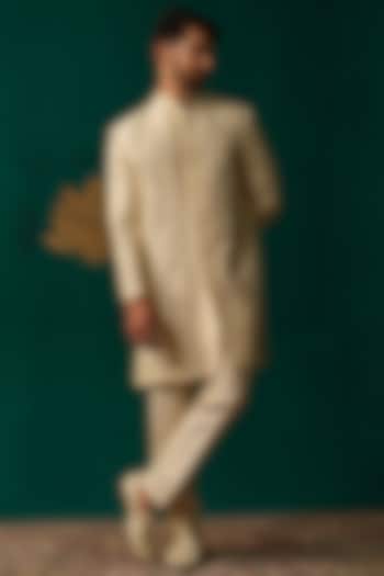 Ivory Silk Zardosi Handwork Groom Sherwani Set by Niloufer by Aasif Ally Men at Pernia's Pop Up Shop