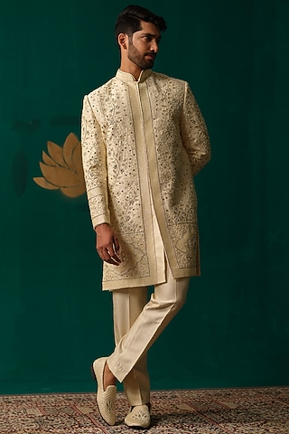 Ivory Silk Zardosi Handwork Sherwani Set by Niloufer by Aasif Ally Men