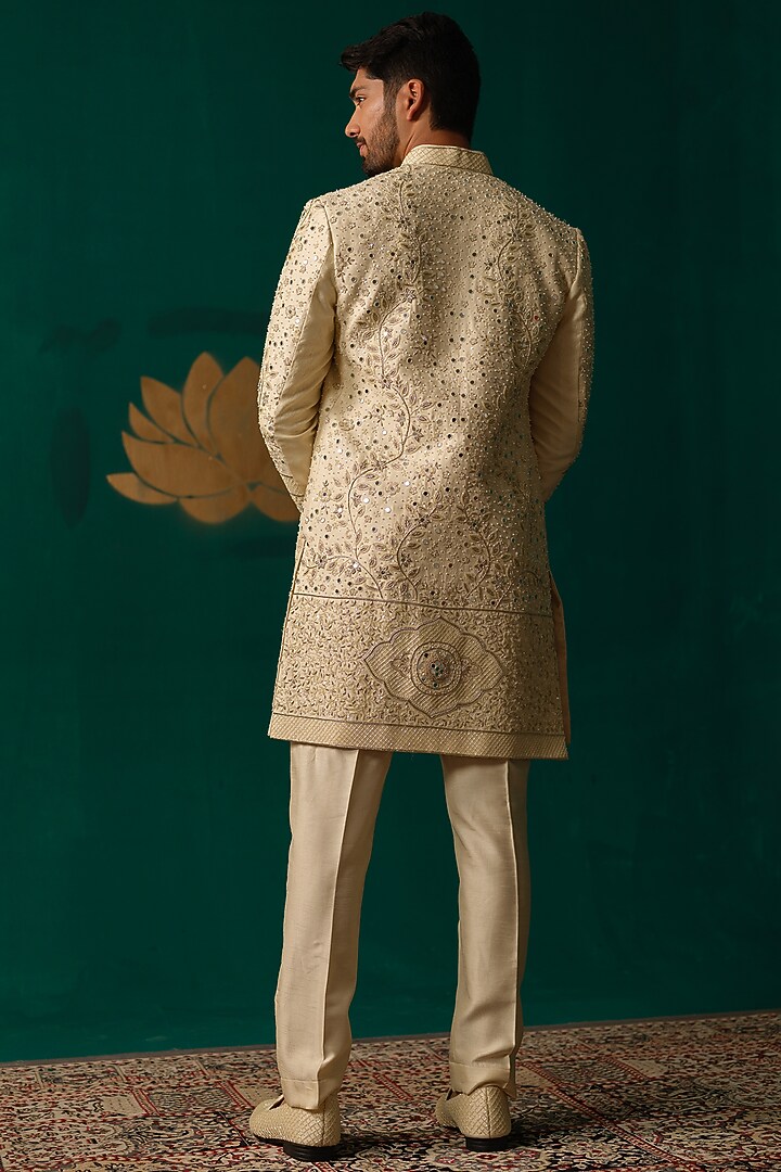 Ivory Silk Zardosi Handwork Groom Sherwani Set by Niloufer by Aasif Ally Men at Pernia's Pop Up Shop