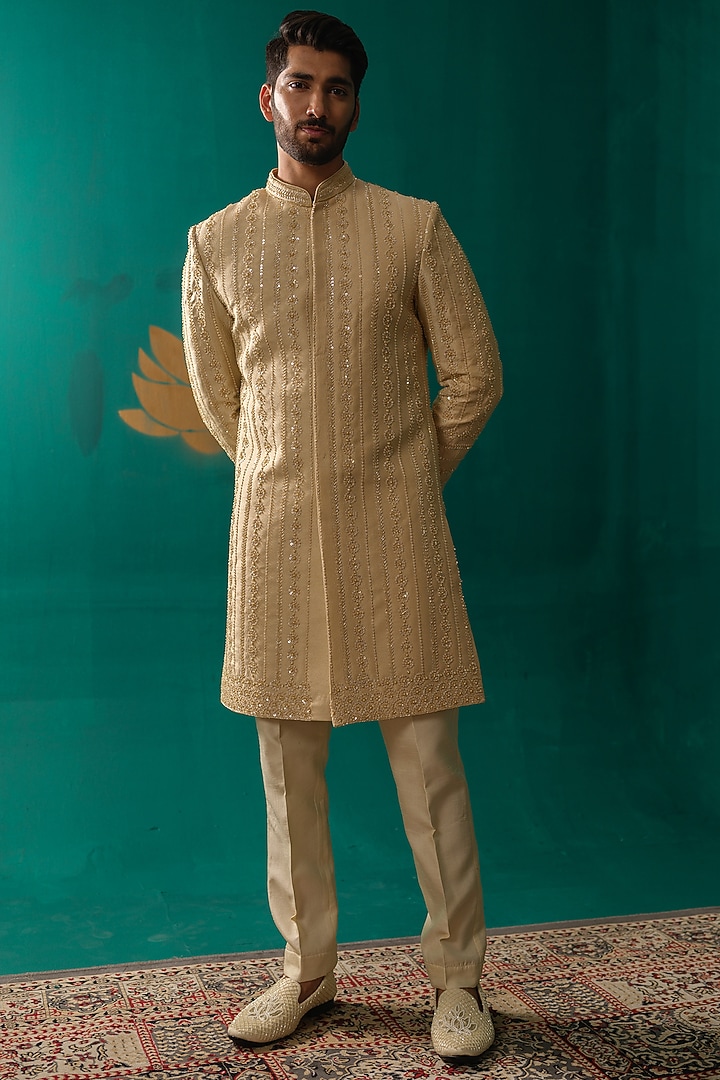 Golden Silk Thread Handwork Groom Sherwani Set by Niloufer by Aasif Ally Men at Pernia's Pop Up Shop