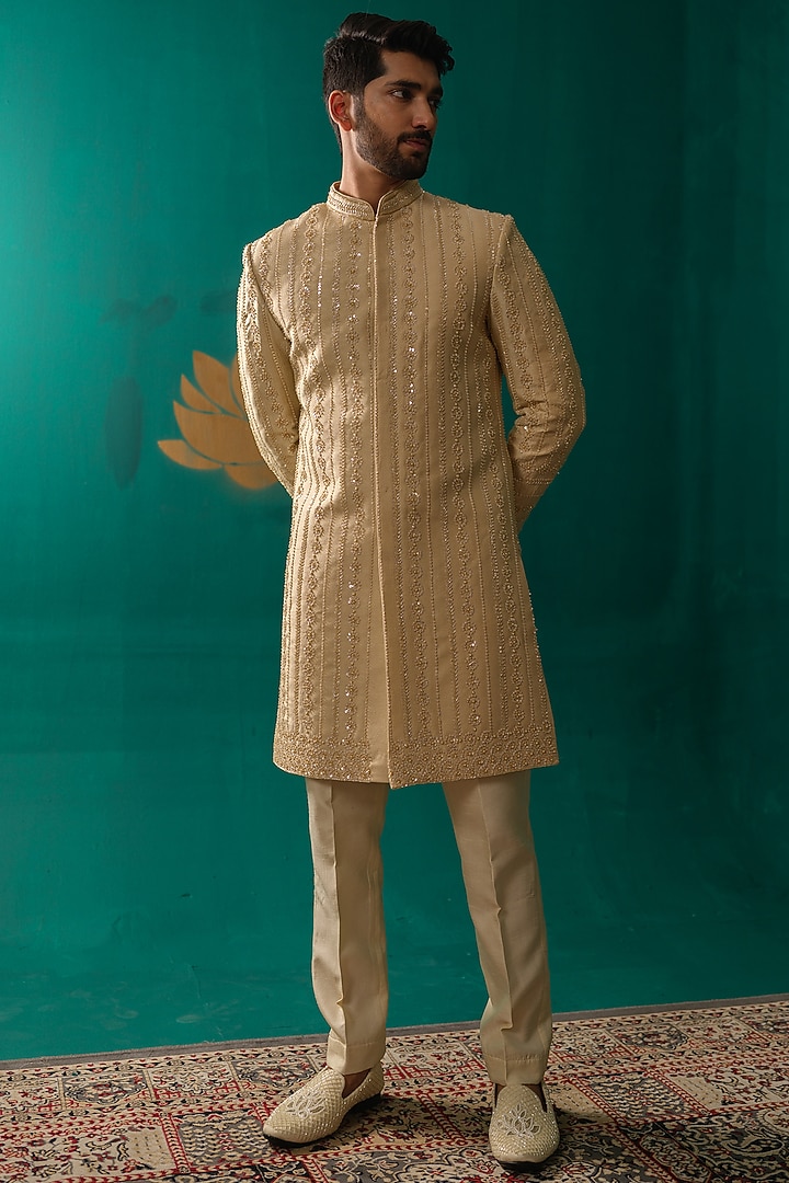Golden Silk Thread Handwork Groom Sherwani Set by Niloufer by Aasif Ally Men at Pernia's Pop Up Shop