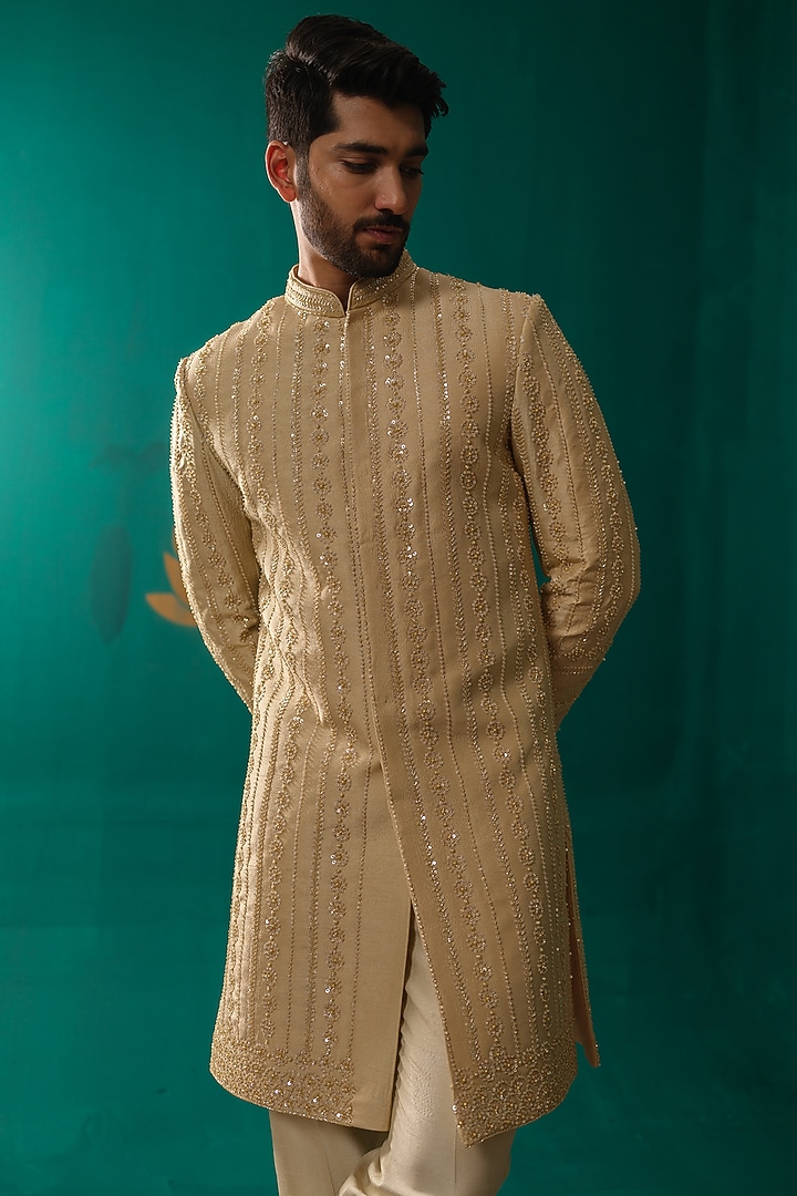 Golden Silk Thread Handwork Groom Sherwani Set by Niloufer by Aasif Ally Men at Pernia's Pop Up Shop