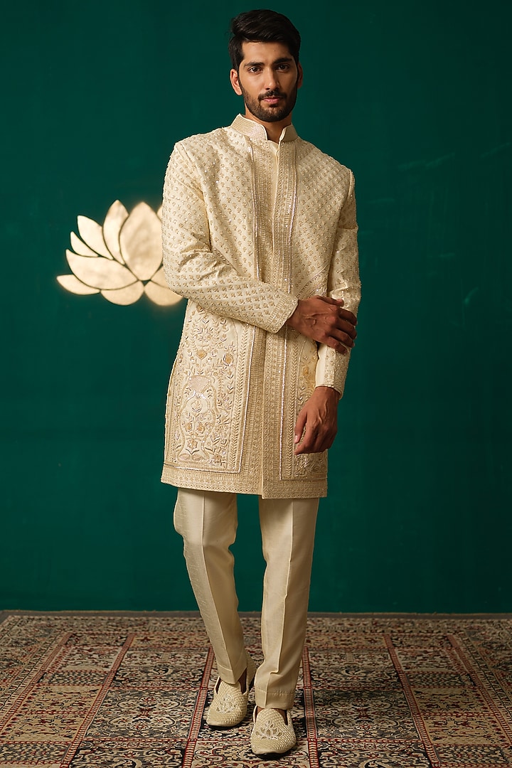 Ivory Silk Zardosi Handwork Groom Sherwani Set by Niloufer by Aasif Ally Men at Pernia's Pop Up Shop