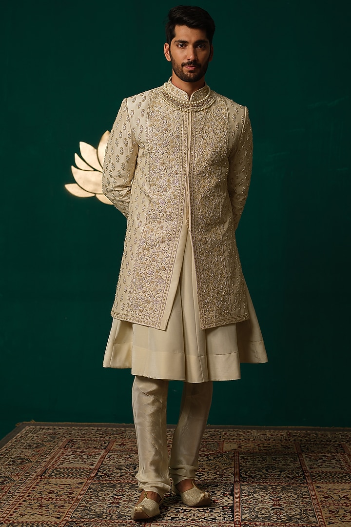 Ivory Silk Zardosi Handwork Groom Sherwani Set by Niloufer by Aasif Ally Men at Pernia's Pop Up Shop