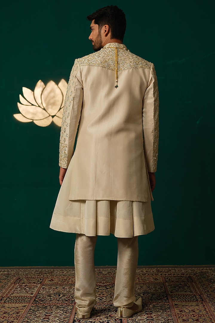Ivory Silk Zardosi Handwork Groom Sherwani Set by Niloufer by Aasif Ally Men at Pernia's Pop Up Shop
