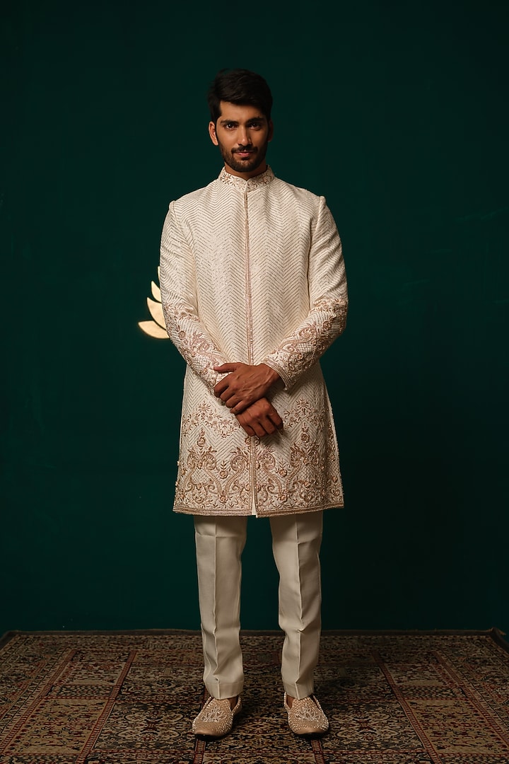 White Silk Zardosi Handwork Groom Sherwani Set by Niloufer by Aasif Ally Men at Pernia's Pop Up Shop
