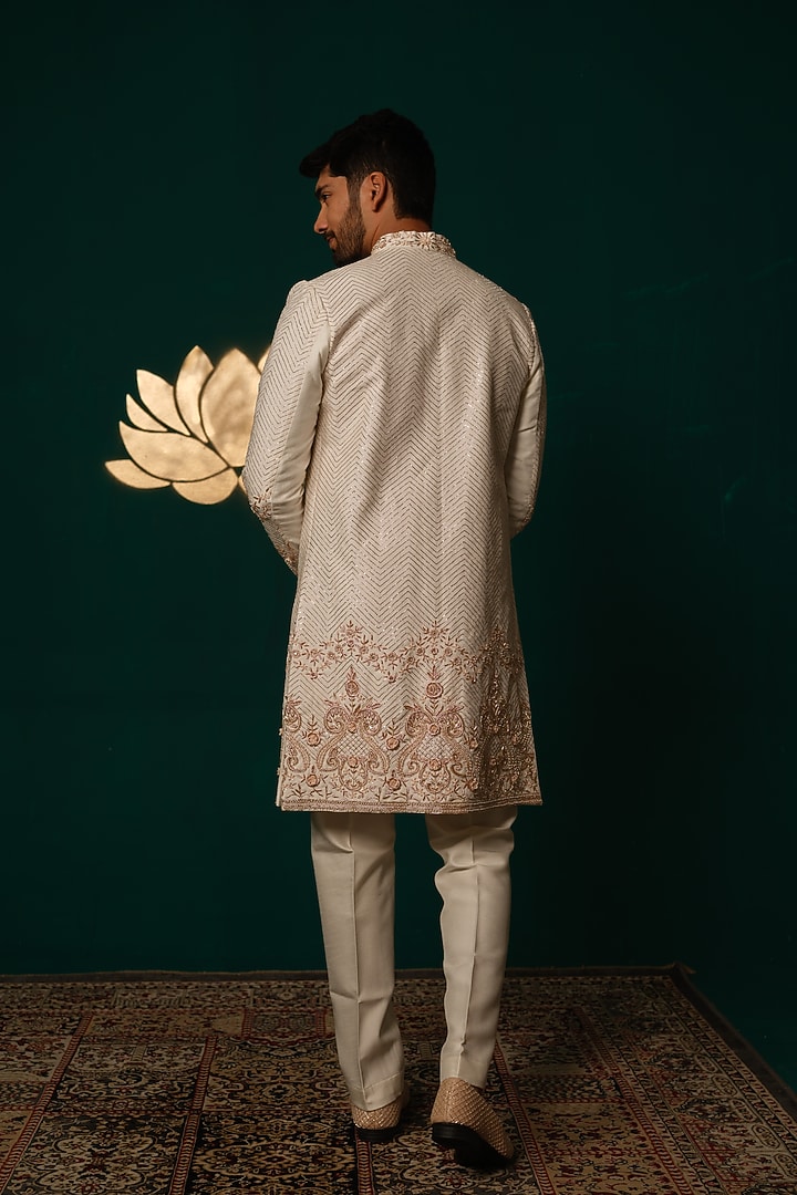 White Silk Zardosi Handwork Groom Sherwani Set by Niloufer by Aasif Ally Men at Pernia's Pop Up Shop