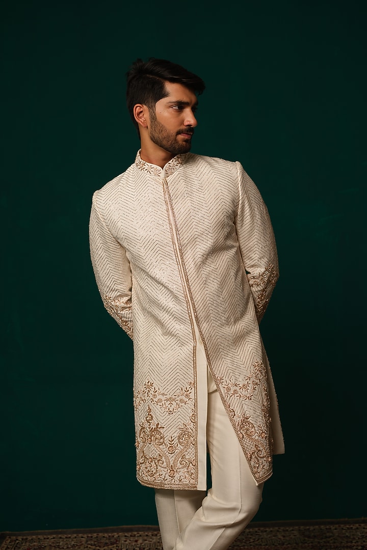 White Silk Zardosi Handwork Groom Sherwani Set by Niloufer by Aasif Ally Men at Pernia's Pop Up Shop