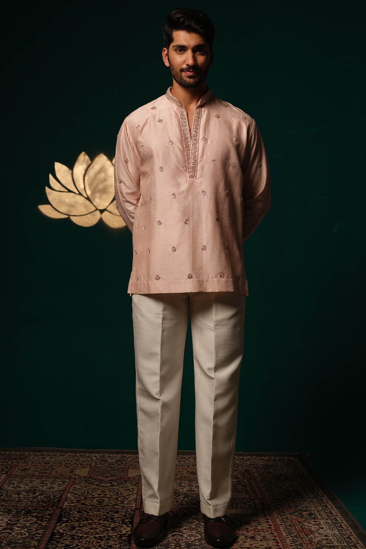 Niloufer by Aasif Ally Pink Silk Zardosi Handwork Short Kurta Set