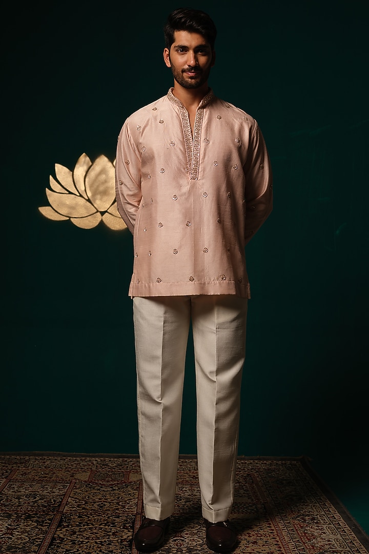 Pink Silk Zardosi Handwork Short Kurta Set by Niloufer by Aasif Ally Men at Pernia's Pop Up Shop
