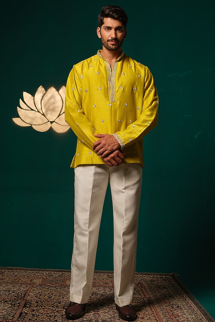 Yellow Silk Zardosi Handwork Short Kurta Set by Niloufer by Aasif Ally Men at Pernia's Pop Up Shop