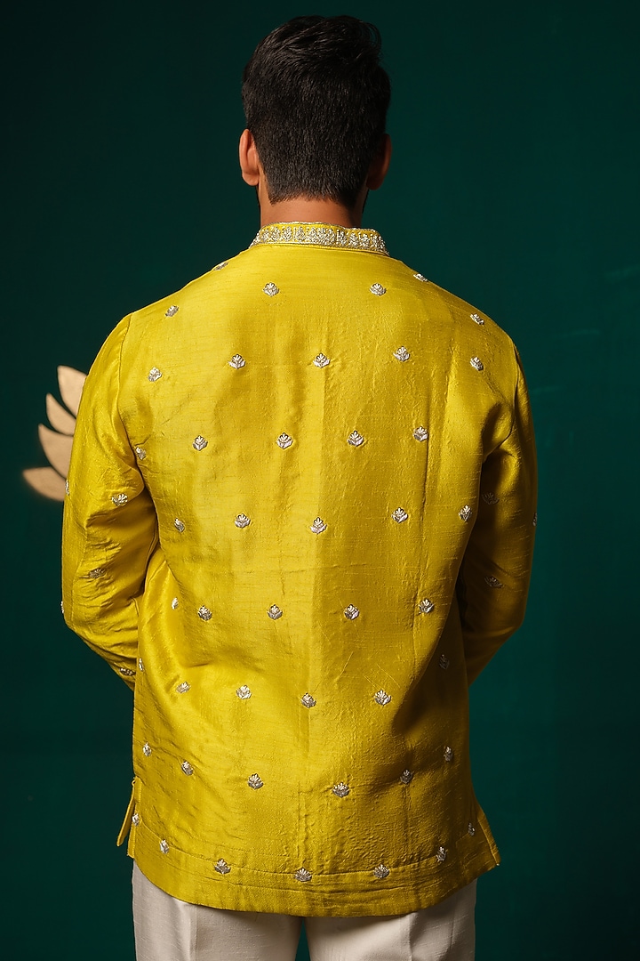 Yellow Silk Zardosi Handwork Short Kurta Set by Niloufer by Aasif Ally Men at Pernia's Pop Up Shop