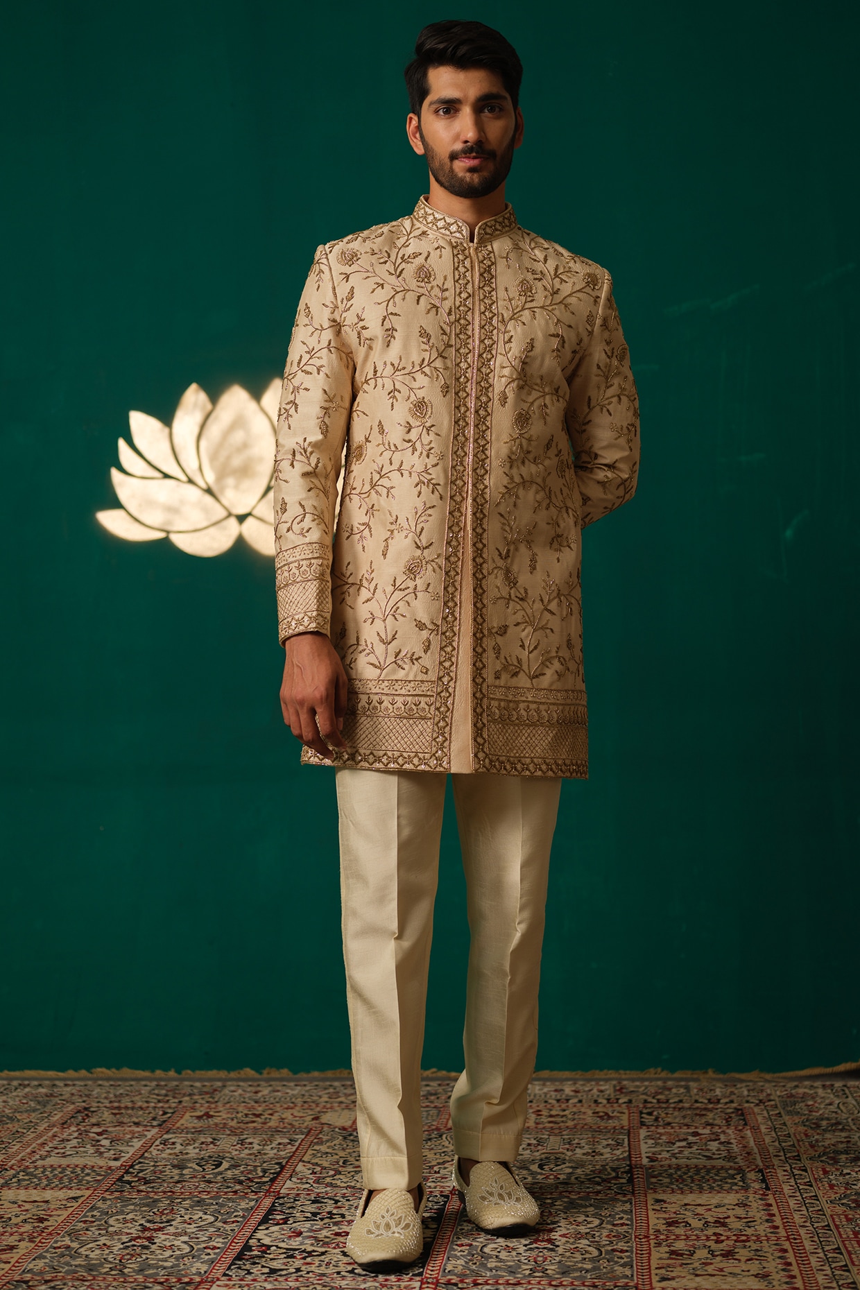Niloufer by Aasif Ally Golden Silk Zardosi Handwork Sherwani Set