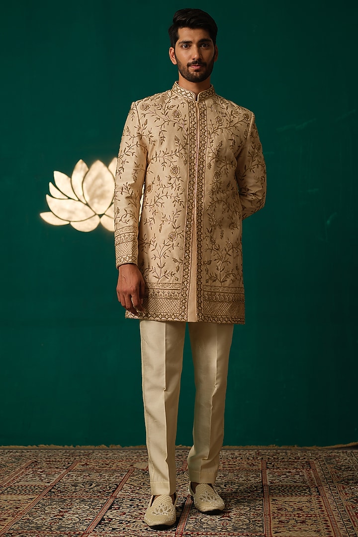 Golden Silk Zardosi Handwork Groom Sherwani Set by Niloufer by Aasif Ally Men at Pernia's Pop Up Shop