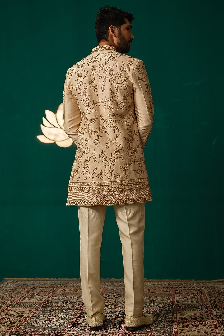 Golden Silk Zardosi Handwork Groom Sherwani Set by Niloufer by Aasif Ally Men at Pernia's Pop Up Shop