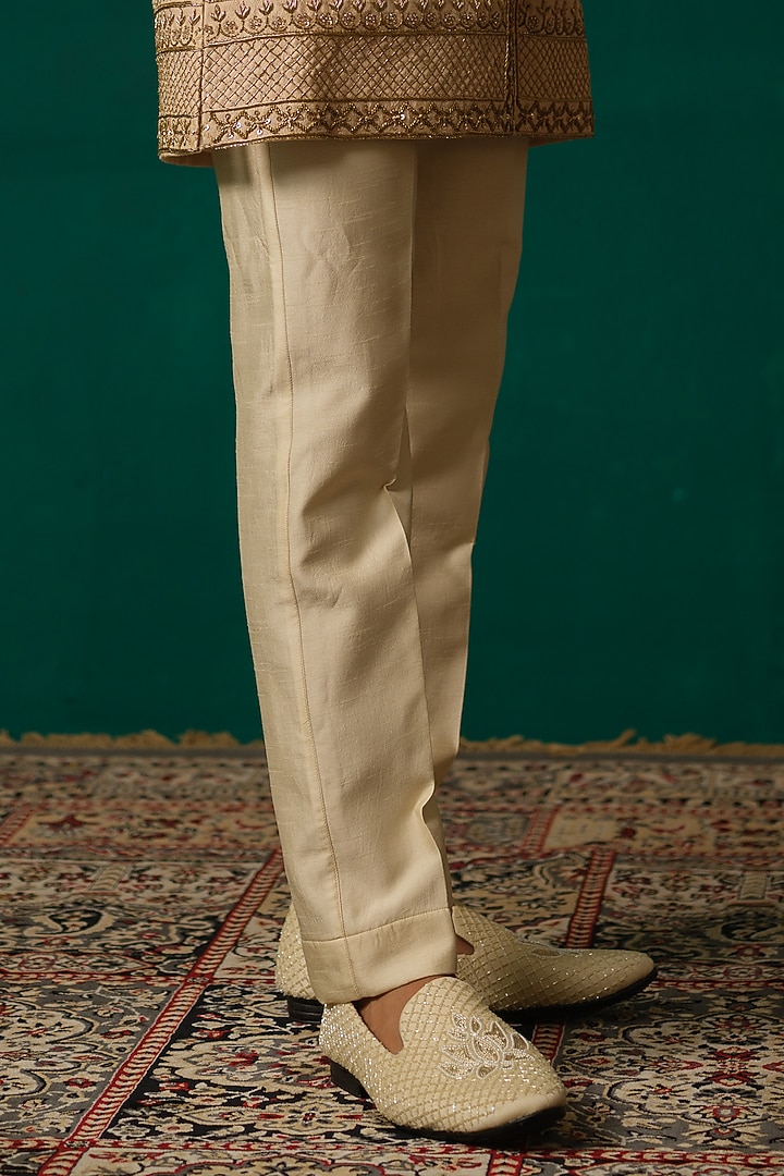 Golden Silk Zardosi Handwork Groom Sherwani Set by Niloufer by Aasif Ally Men at Pernia's Pop Up Shop