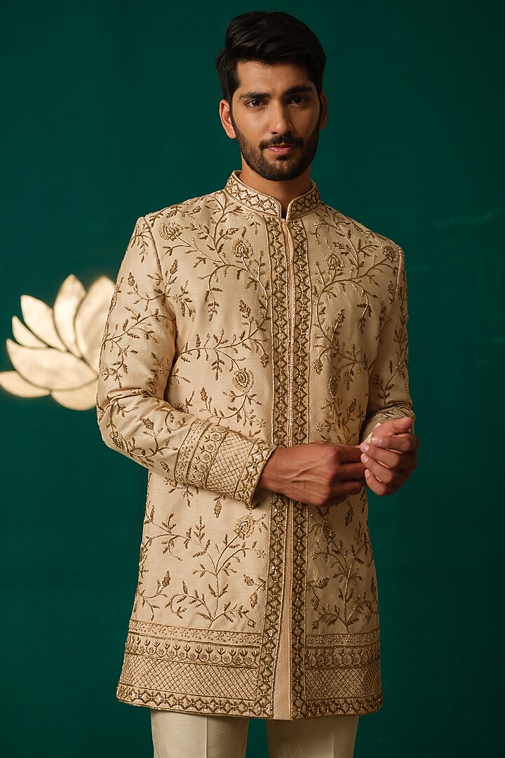 Golden Silk Zardosi Handwork Groom Sherwani Set by Niloufer by Aasif Ally Men at Pernia's Pop Up Shop