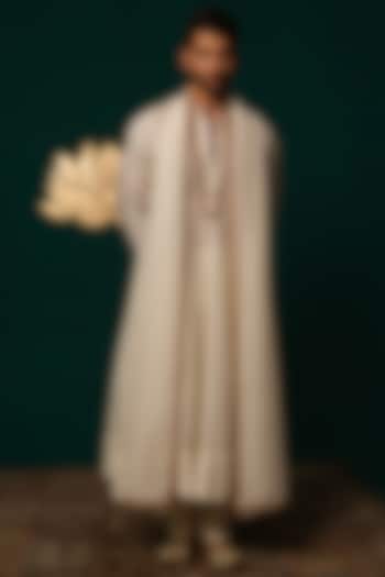 Ivory Silk Zardosi Handwork Angrakha Anarkali Set by Niloufer by Aasif Ally Men at Pernia's Pop Up Shop