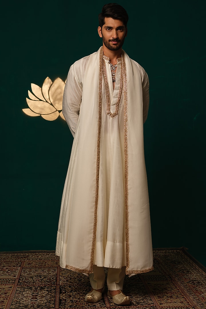 Ivory Silk Zardosi Handwork Angrakha Anarkali Set by Niloufer by Aasif Ally Men at Pernia's Pop Up Shop
