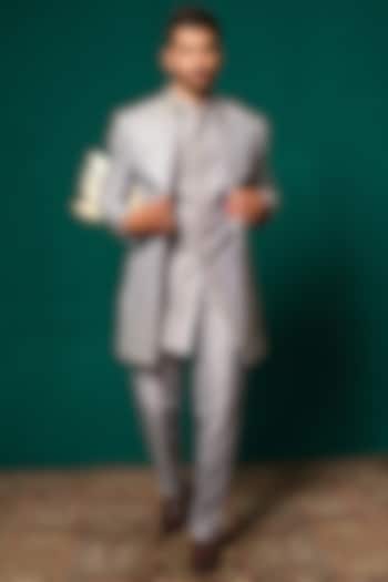 Grey Silk Zardosi Handwork Wedding Sherwani Set by Niloufer by Aasif Ally Men at Pernia's Pop Up Shop