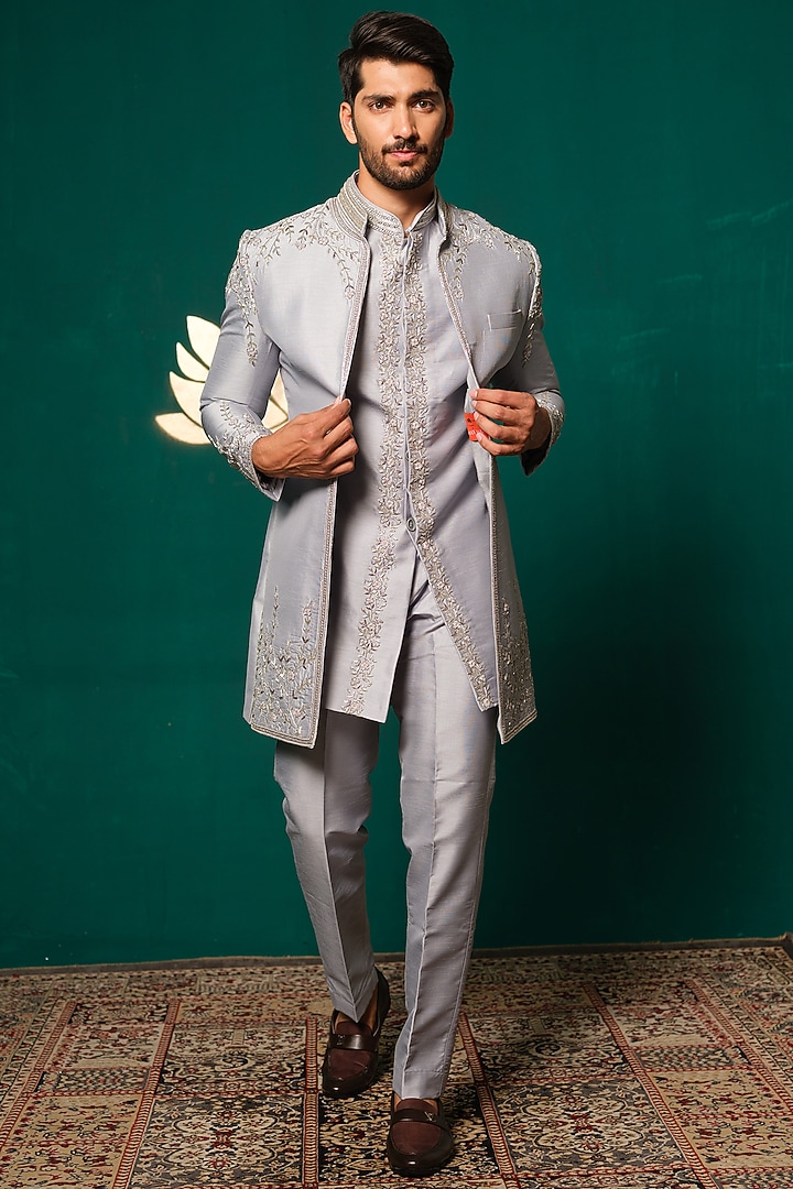 Grey Silk Zardosi Handwork Wedding Sherwani Set by Niloufer by Aasif Ally Men at Pernia's Pop Up Shop