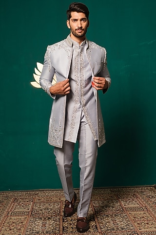 Grey Silk Zardosi Handwork Sherwani Set by Niloufer by Aasif Ally Men