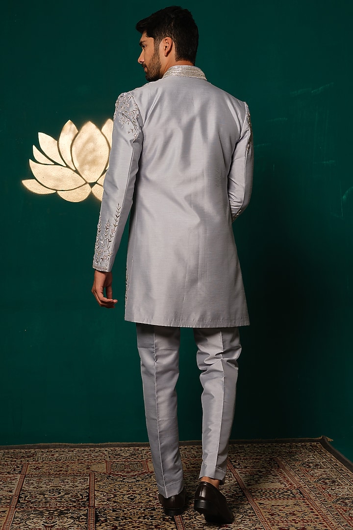 Grey Silk Zardosi Handwork Wedding Sherwani Set by Niloufer by Aasif Ally Men at Pernia's Pop Up Shop