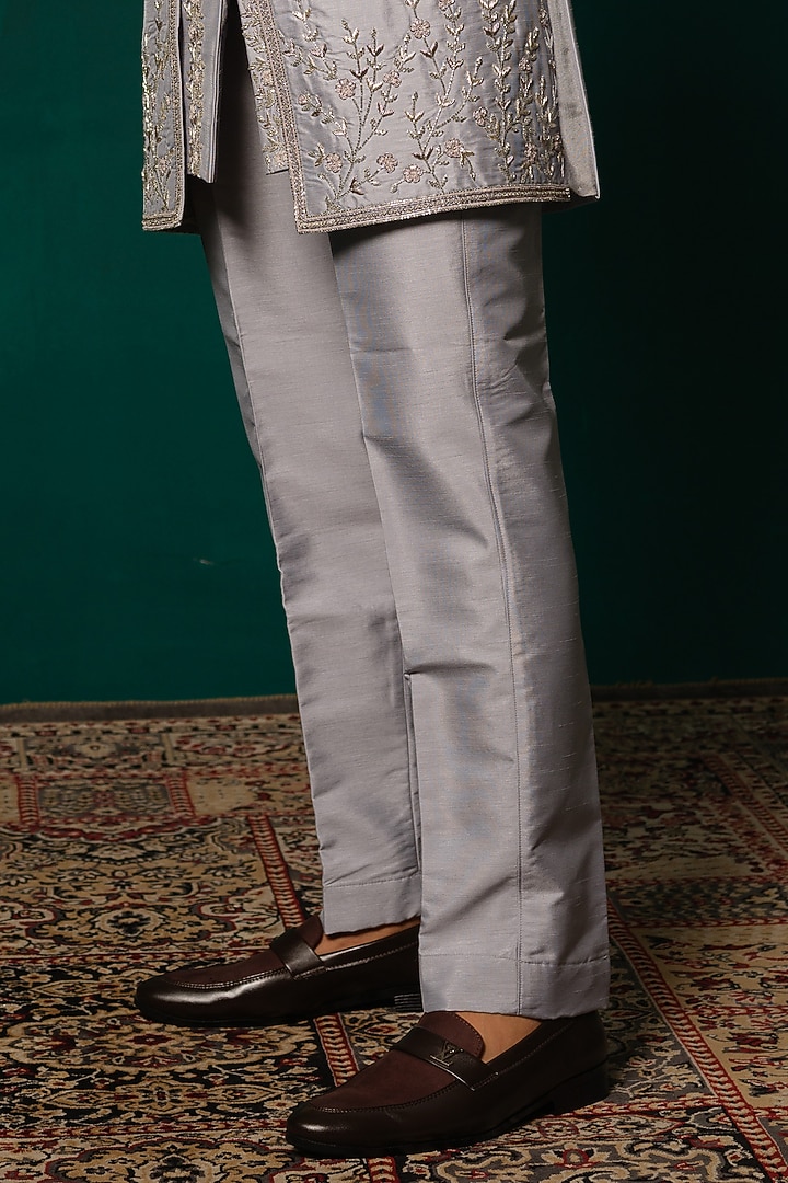 Grey Silk Zardosi Handwork Wedding Sherwani Set by Niloufer by Aasif Ally Men at Pernia's Pop Up Shop