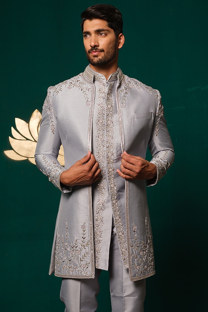 Grey Silk Zardosi Handwork Wedding Sherwani Set by Niloufer by Aasif Ally Men at Pernia's Pop Up Shop