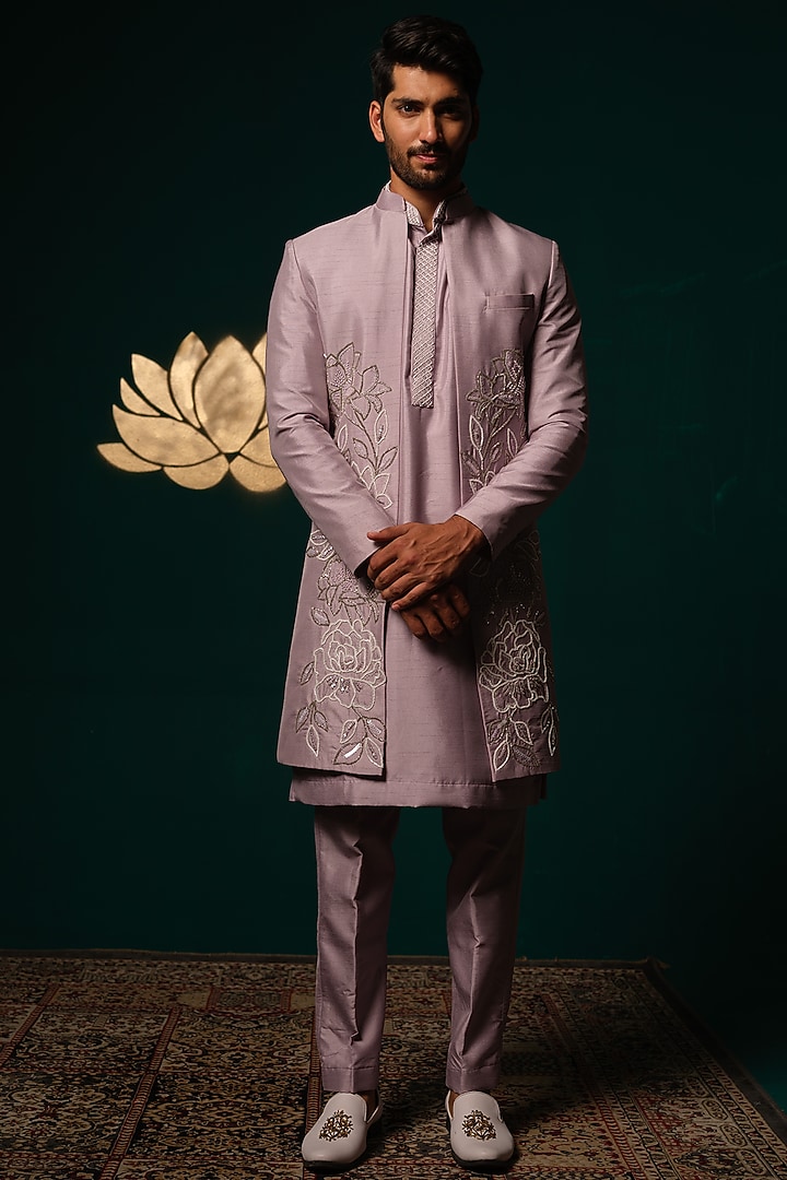 Purple Silk Sequins Handwork Wedding Sherwani Set by Niloufer by Aasif Ally Men at Pernia's Pop Up Shop