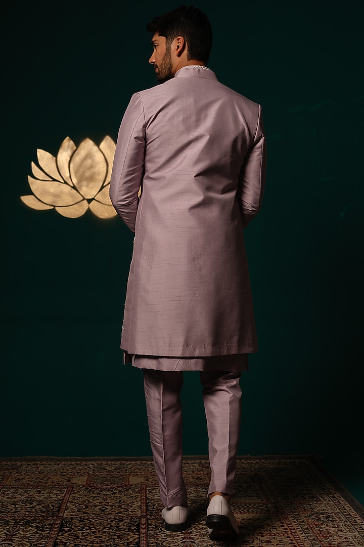 Purple Silk Sequins Handwork Wedding Sherwani Set by Niloufer by Aasif Ally Men at Pernia's Pop Up Shop